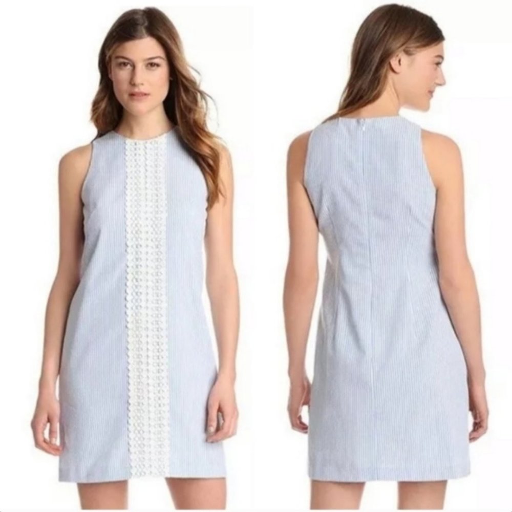 London Times Light Blue and White Sleeveless Mini Dress